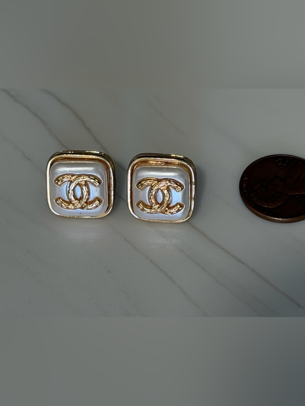 Gold & White Pearl Square Double C Earrings